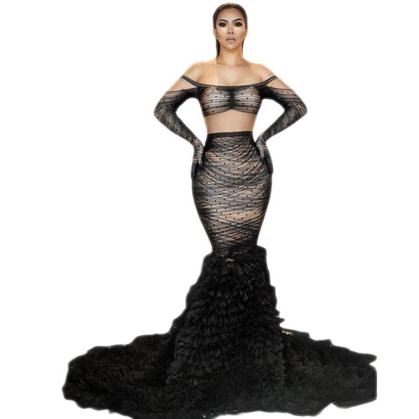 

black long mermaid birthday celebrate dresses for women rhinestone elegant bodycon stage showgirl costumes evening prom outfits, Black;red