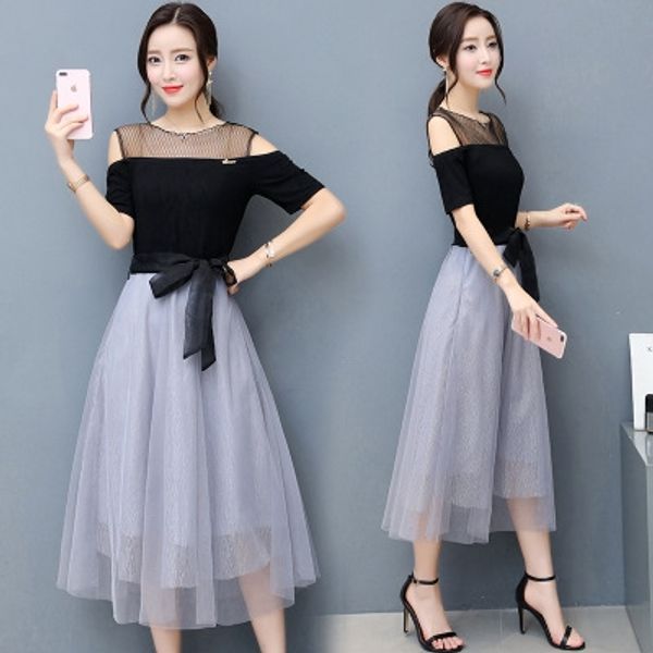 

mesh stitching dress women's summer 2019 new fashion socialite perspective off-shoulder dress, Black;gray