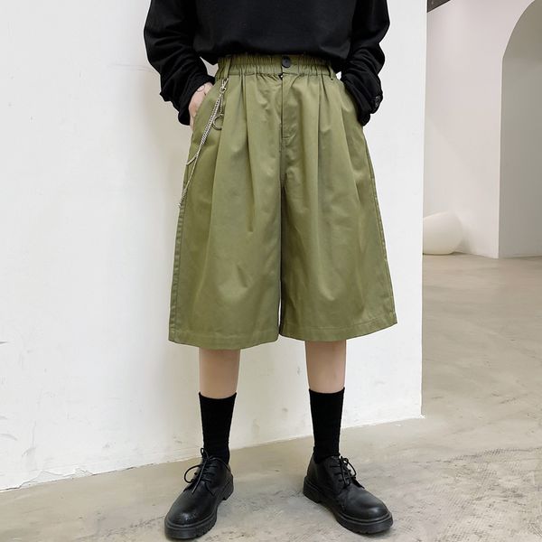 

male summer streetwear hip hop loose wide leg pants men metal pendant casual elastic waist calf-length suit pant, Black