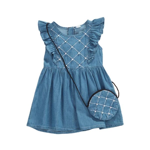 

6m-3t лето прекрасные младенца ребёнков джинсовой ткани платья сумки pearl ruffles рукавов синий a-line sundress, Red;yellow