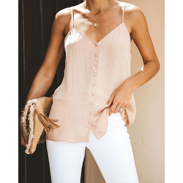 

tank spaghetti strap v neck women sleeveless button tank casual loose solid colour blouse, White