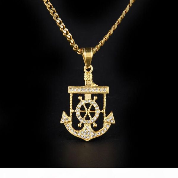 

k hip hop necklace gold plated anchor helm rudder pendant necklace cz crystal bling cuban chain jewelry, Silver