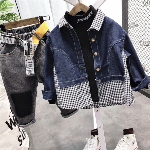 

boys ' long-sleeved denim shirt 2020 spring and autumn new plaid stitching shirt c11056, White;black