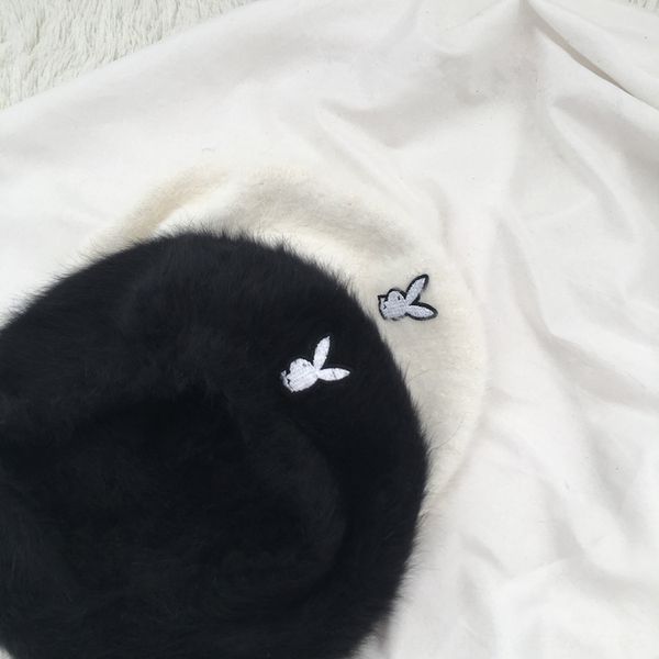

hat real fur embroidered beret rabbit fur soil cool dark punk rabbit head embroidery painter beret round hat ins same style, Blue;gray