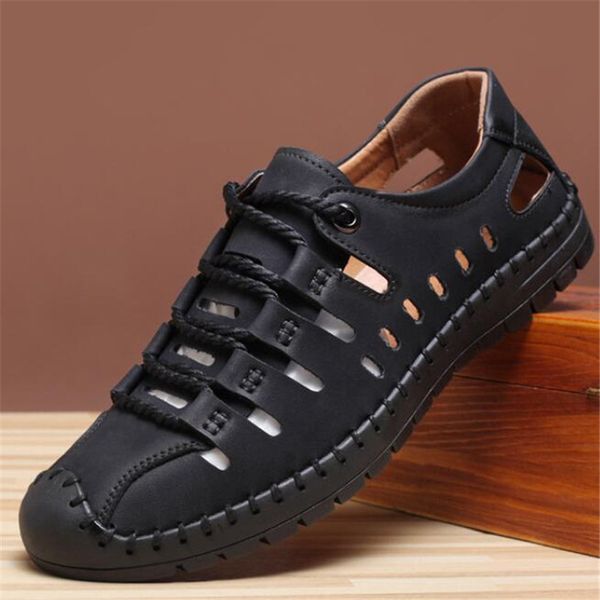 

summer new daily casual men's sandals hollow breathable men's sandals soft bottom comfortable perforated leather shoes men, Black