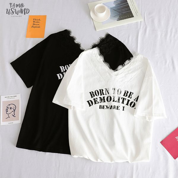 

2020 summer new fashion lace patchwork t shirt halajuku loose casual irregular short sleeve female t shirts black top, White
