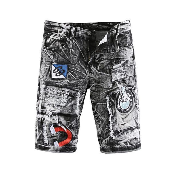 

men's ripped denim shorts distressed embroidery snowflake washed jeans shorts summer brand shorts for male r578 t200521, Black