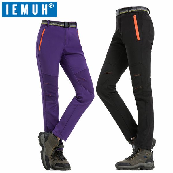 

iemuh softshell pants women breathable thermal waterproof pants women outdoor sport camping hiking fleece outdoor, Black;green