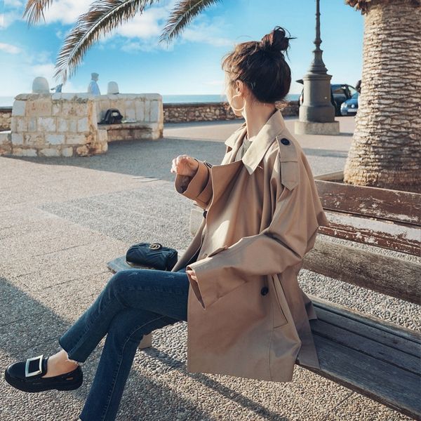 

jqcoj khaki women's mid-length overknee 2020 autumn new waitmore overcoat khaki windbreaker windbreaker windbreakerwomen's mid-len, Tan;black