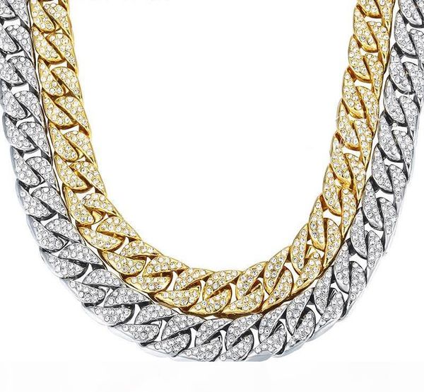 

selling fashion design men thick necklaces 14mm miami curb cuban chain necklace gold silver hip hop necklace with rhinestones