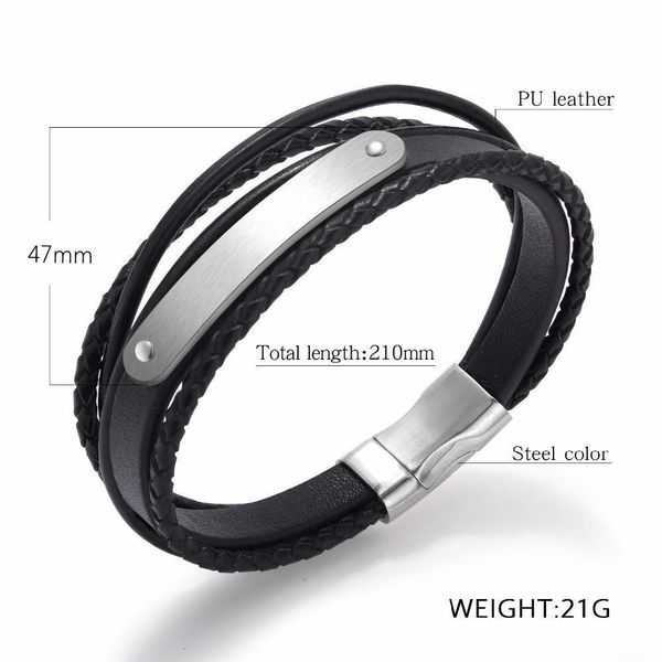 

three-ring titanium steel curved smooth leather bracelet for men magnetic buckle leather accessories, Black