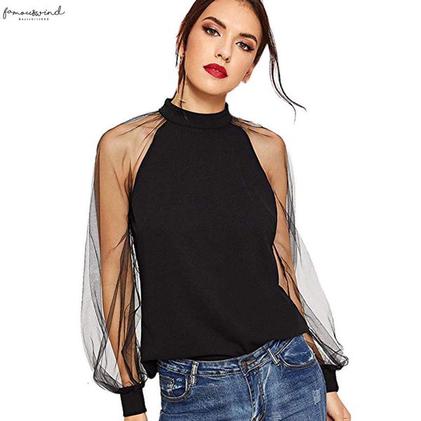 

women shirts long sleeve mesh round neck slim fit solid o neck trend elegant noble simple summer blouse shirts, White