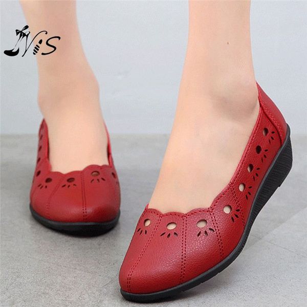 

sandals nis women shoes flats hollow out breathable leather slip on loafers outdoor casual vintage style mother, Black