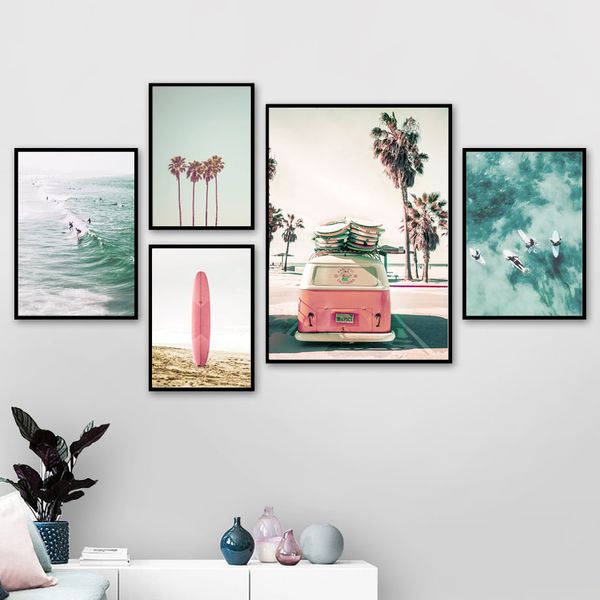 

nordic decoration home posters and prints pink bus seascape canvas painting green palm tree wall art pictures for living room