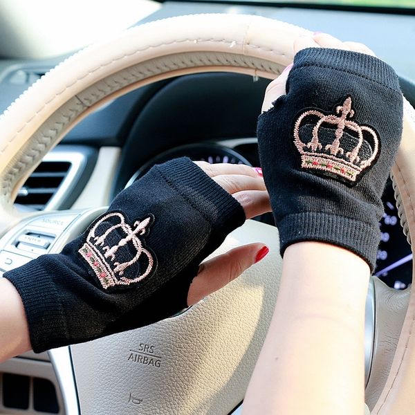 

20 design winter women embroidery crown flower half finger gloves girls warm knitted mittens men guantes, Silver