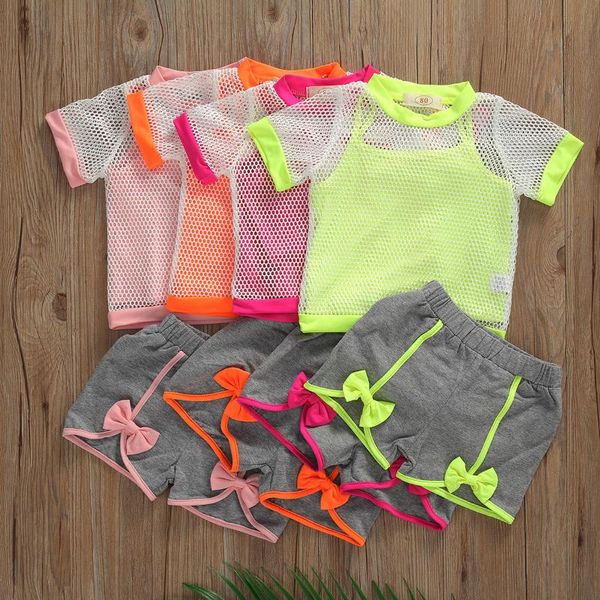 

casual infant baby girls clothes sets 3pcs solid vest +net short sleeve t shirts +bow solid shorts 4 colors 2020, White