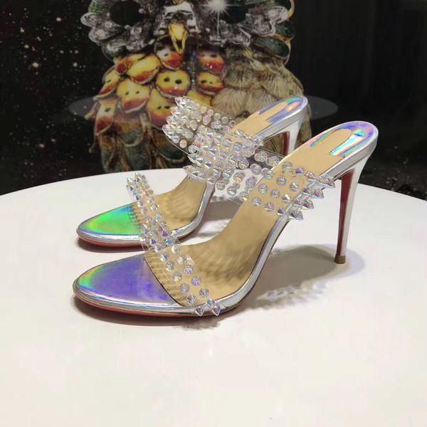 

летние платья кожаного сандала элегантных шипов украшен пвх дизайн пятки конструктора платья партии 35-43, Black