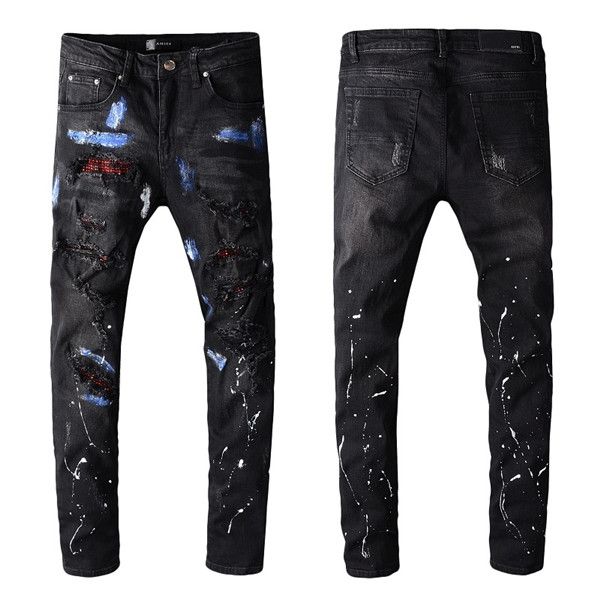 

men's pants designer ripped jeans black skinny jeans slim fit washed motorcycle jeans fashion grinding car explosion, Blue