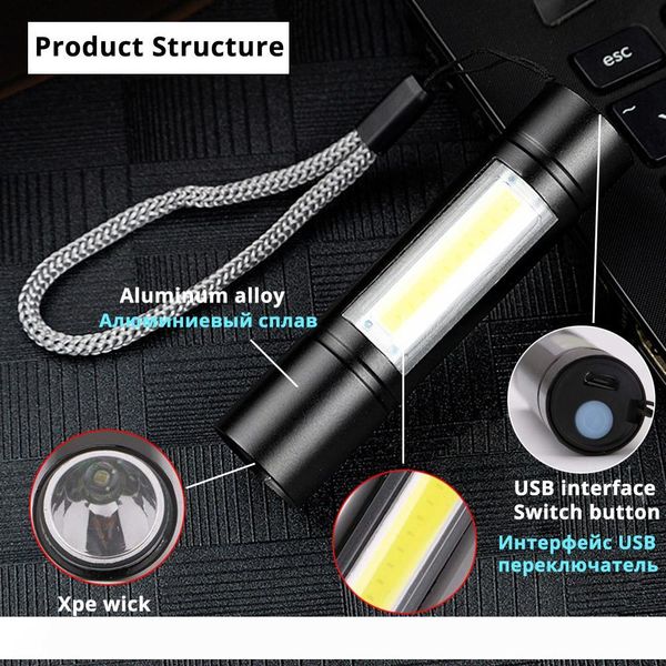 

usb rechargeable flashlight 3 lighting mode cob+xpe led mini flashlight waterproof portable used for camping, cycling, work, etc