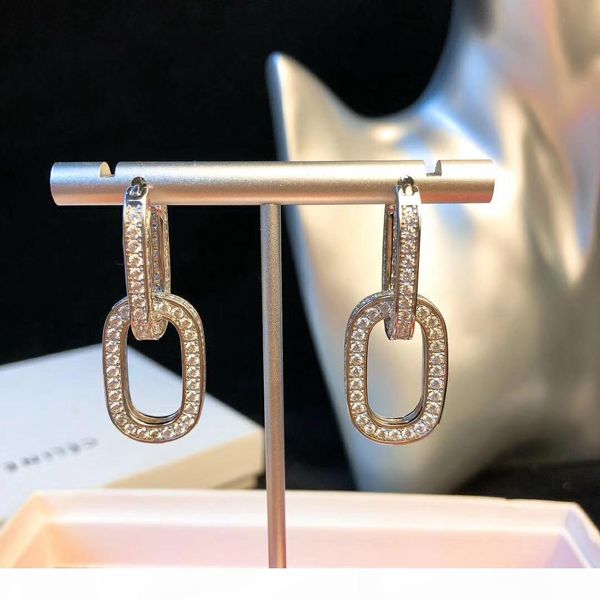 

drop earring with two square connect and full diamond for women wedding charm earring.ps8602, Silver