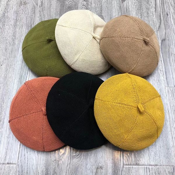 

female beret cotton linen beret thin british korean all-match painter hat hollow breathable cotton and linen knitted, Blue;gray