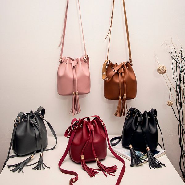 

small bag for women leather solid shoulder bag fashion string tassel bucket bags ladies phone pocket sac a main femme