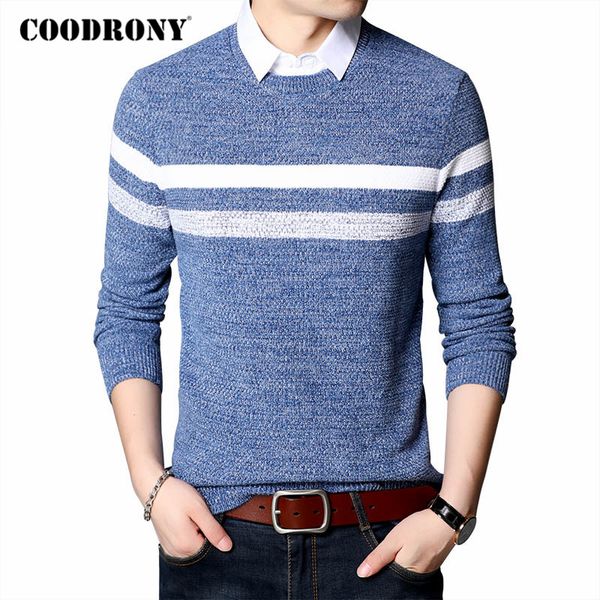 

coodrony sweater men fashion casual striped shirt collar fake two pieces pull homme autumn winter new arrival pullover men c1112, White;black