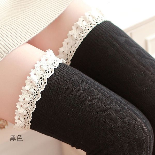 

fashion autumn winter women warm long cotton leggings over knee vertical striped 2020 female ladies lace women clothing, Black