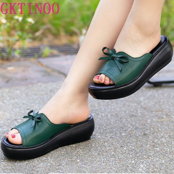 

gktinoo women slipper's 2020 ladies summer slippers shoes women wedges heels fashion summer genuine leather shoes platform, Black