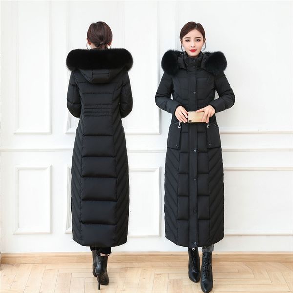 

2019 длинные женские загустеет и lengthe пуховик пуховик определенное над коленом длинный тонкий действительно fox большой меховой воротник, Black