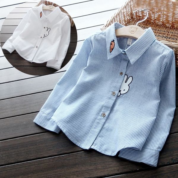 

children's wear 2020 korean style autumn jacket embroidered radish girls2-color radish rabbit embroidered striped shirt top, White;black