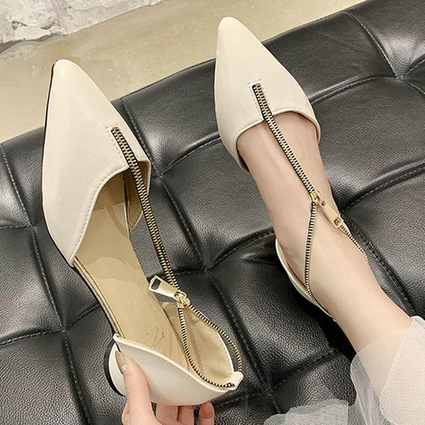 

chic front zipper pointed toe women sandals sandalias woman slippers round heels women shoes joker cover heels sandales2020, Black