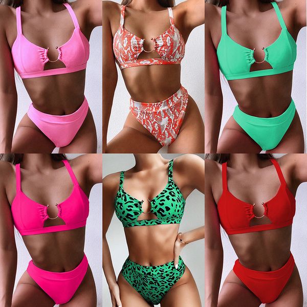 

ring patchwork solid push up bikini 2020 new arrival padded high waist swimsuit leopard swimwear women biquini, White;black