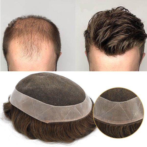 

mens toupees 100%human hair replacement system breathable lace front poly around hairpieces transparent lace wigs 100%hand tied, Black