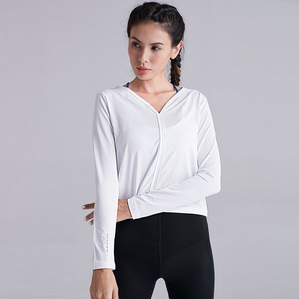 

women yoga sports shirt solid color fitness suit running breathable long-sleeved t-shirt quick-drying workout training, White;red