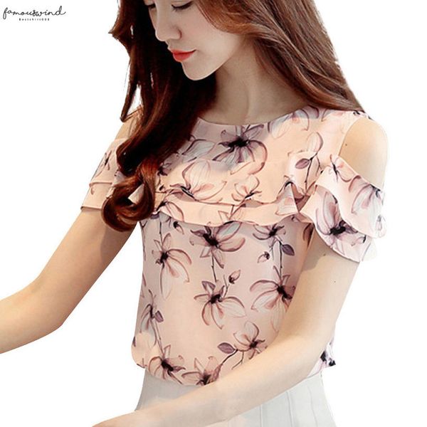 

summer women off shoulder ruffles casual chiffon floral flutter sleeve print blouses chiffon print off shoulder shirt short sleeve, White
