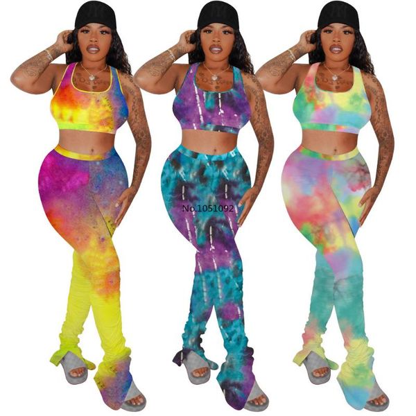 

summer tie dye printed sport stacked pants two piece set tank bell bottom flare jogger tracksuit matching set outfits, White