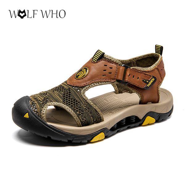 

fashion summer sandals men soft genuine leather closed toe sandals slippers big size sandalias hombre beach waterproof shoes men, Black