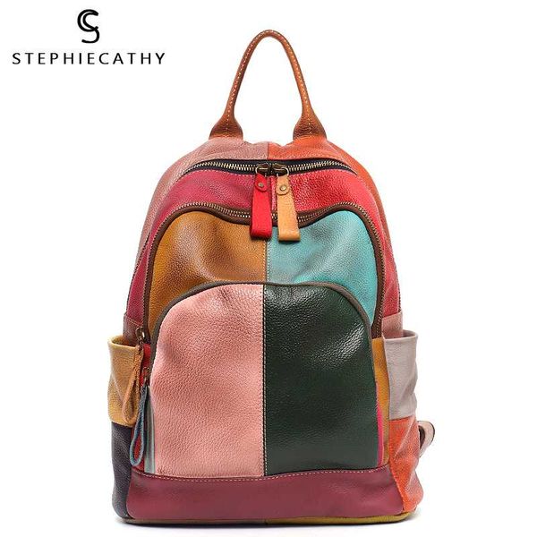 

sc vintage leather colorful patchwork backpack women zip casual shoulder bags genuine leather teenage school knapsack travel bag