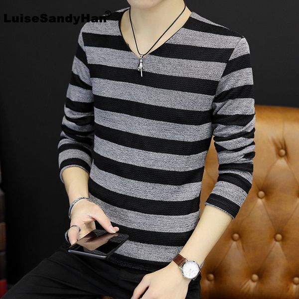 

men's sweaters fashion v-neck striped long-sleeved sweater man slim simple commuter neutral knit bottom pullover spring autumn 2021, White;black