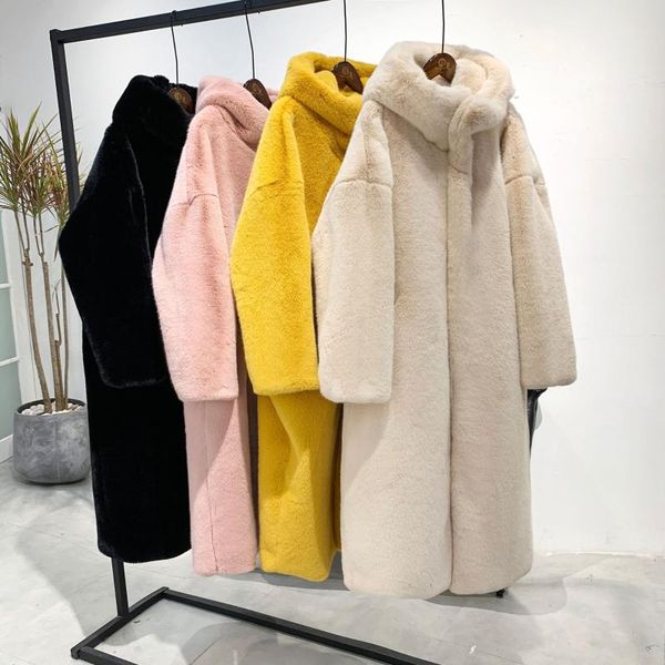 

women's fur & faux winter imitation coat long jacket hooded trench coats plush shaggy cardigan windbreaker parka, Black