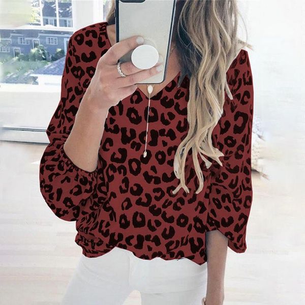 

2020 women bohemian shirts leopard print blouse shirt vintage deep v neck lady blouses casual blusa feminina, White