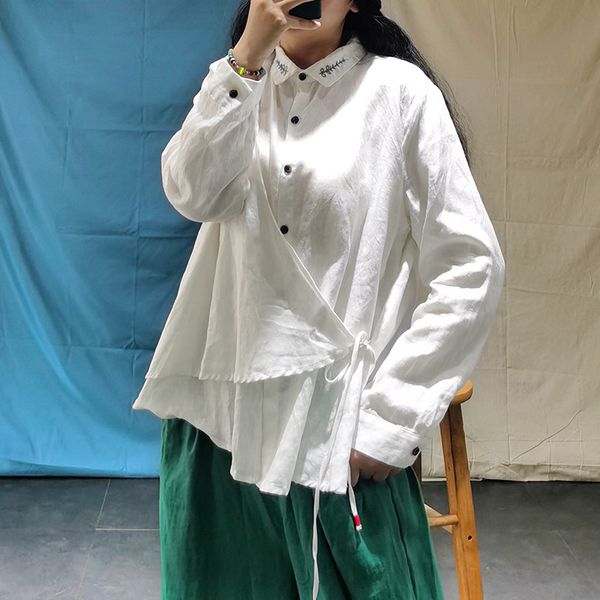 

women autumn linen turn down collar retro blouse ladies solid color shirt female 2020 vintage flax blouses shirts, White