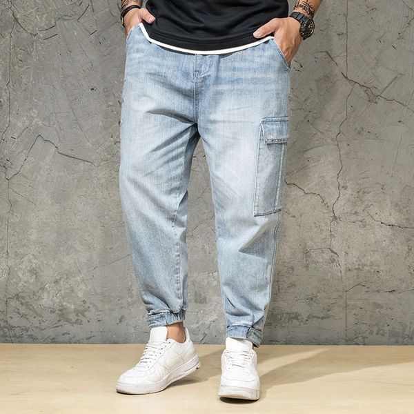 

летние мужские свободные джинсы и джинсы большого размера шаровары модные мульти-карман лодыжки брюки, Blue