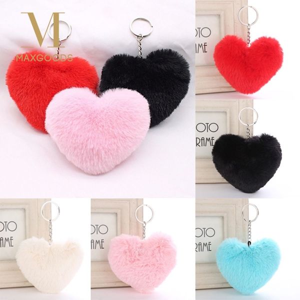 

9cm fluffy fur pompom keychain soft lovely heart shape pompon faux rabbit fur pom poms ball car handbag key ring gift, Silver