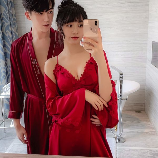 

jcyzp wedding ice silk couple women's suspender night embroidered nightgown two-piece home home clothes pajamas sling pajamas wear men, Black;brown