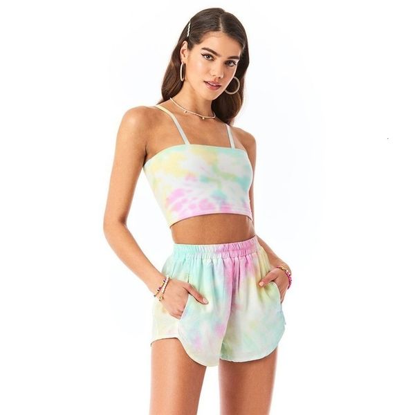 

40# women's 2pcs set summer gradient tie-dye tank and printed summer suit short pant casual set and pants suit, Gray