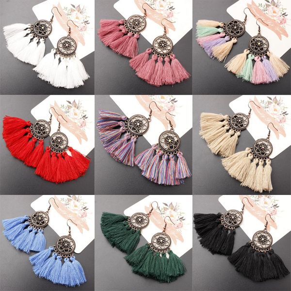 

vintage long tassel drop earring bohe punk ethnic fashion multicolor cotton thread fan shape fringe earrings for wome, Silver