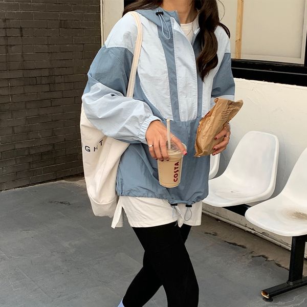 

iof6n [yellow tie] color matching half zipper hooded windbreaker women's 2020 spring korean loose pullover windbreaker pullover casual, Tan;black