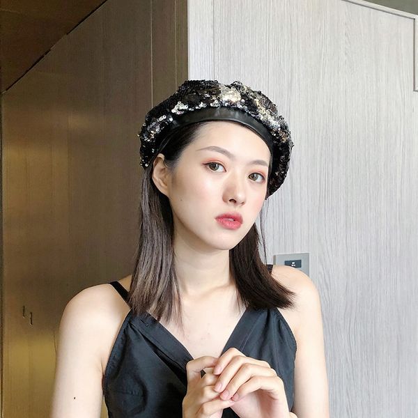 

western homemade korean painter's hat beret summer women fashion sequins beret versatile thin painter hat fashion, Blue;gray